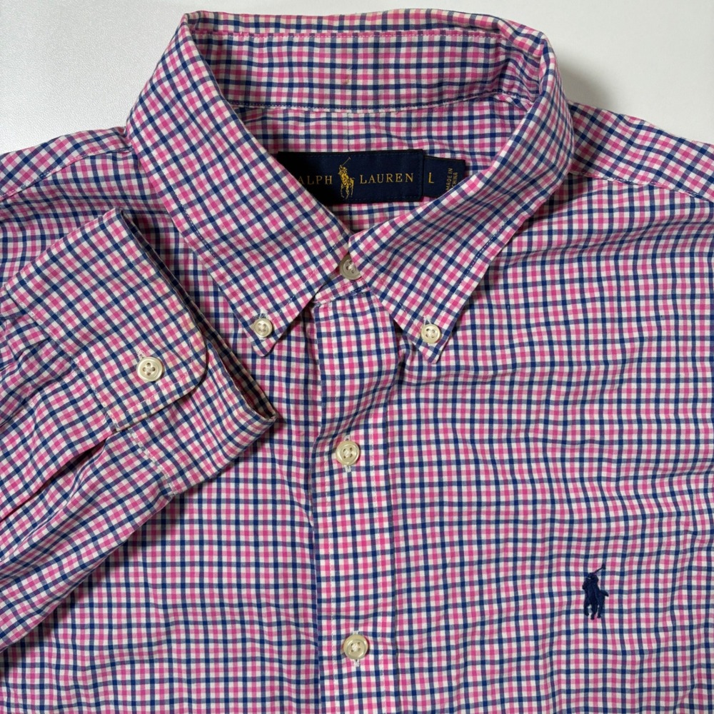 Ralph Lauren Button Down Shirt Large Pink Blue‎ Gingham Plaid Long Sleeve Oxford